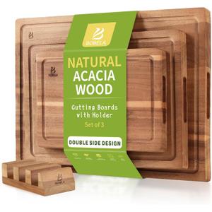 Acacia Wood Cutting Board,Double Sided Wooden Cutting Boards for Kitchen with Deep Juice Grooves,0.8 in Thick Solid Wood Cutting Board Set with Stand for Chopping,Serving Ideal Kitchen Gifts
