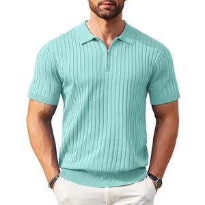 COOFANDY Men's Zipper Polo Shirts Short Sleeve Ribbed Knit Polo T Shirts Fashion Casual Golf Shirts (Large, Green)