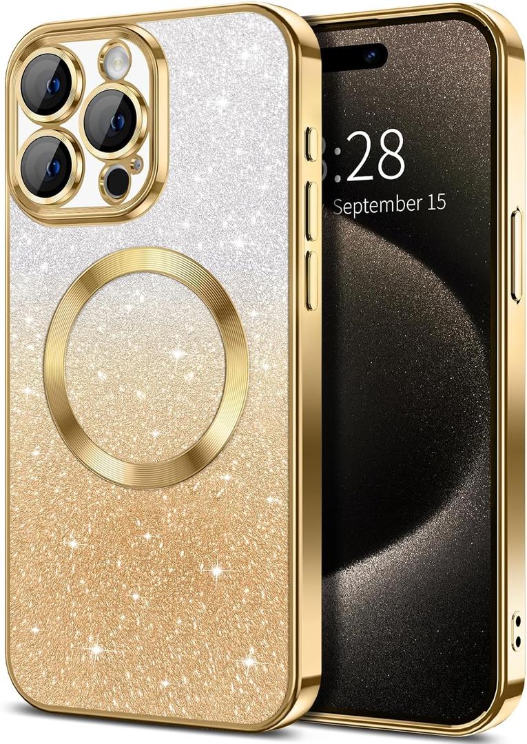 Hython for iPhone 15 Pro Max Case Clear Magnetic Glitter Phone Cases [Compatible with MagSafe] Full Camera Lens Protector Slim Gradient Sparkle Luxury Plating Shockproof Protective Cover Women, Gold