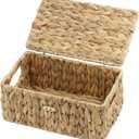 Small Wicker Basket with Lid, Natural Water Hyacinth Storage Baskets for Organizing, Rectangular Woven Basket for Storage, Decorative Boxes Bins with Lids and Built-in Handles (10.2" x 6.3" x 3.9")