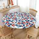 Valentines Day Round Tablecloth Fitted Best for 40"-44" Blue Red Floral Table Cloth Vintage Elastic Edge Water-Resistant Washable Love Chinoiserie Decoration Table Cover for Party Picnic Indoor Decor