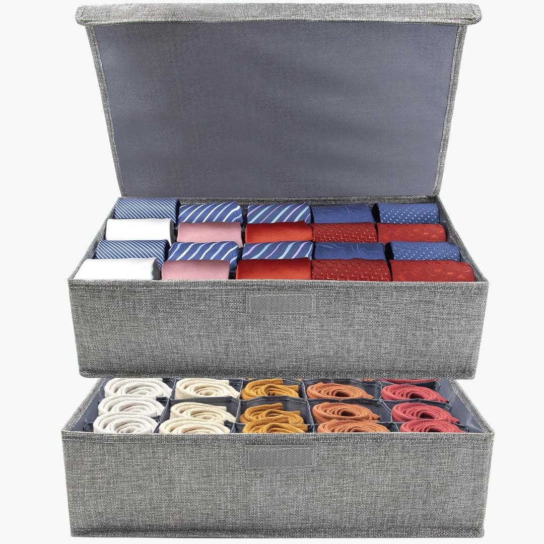 2 Pack Large Grid Sock Organizer Divider, 20 Cell with Lid, Fabric Foldable, Tie Organizer for Men for Storing Socks, Tie, Handkerchiefs, Belts (Grey)