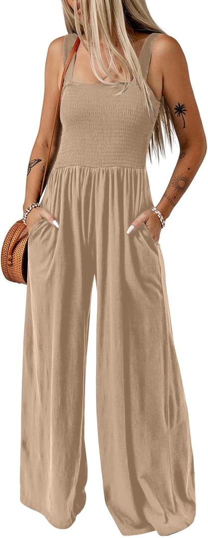 Dokotoo Women's Casual Loose Overalls Jumpsuits One Piece Sleeveless Wide Leg Long Pant Rompers With Pockets (Brown, XL)