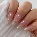 MISUD Press on Nails - Medium Almond Glue on Nails with Chrome, Acrylic French Tip Design 24 pcs