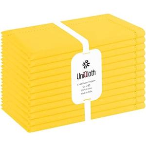 UniQloth Set of 12 Hemstitch Cloth Dinner Napkins Cotton - Soft Durable Washable Reusable - Ideal for Farmhouse Parties Weddings Holidays Hotel Restaurant Daily Use Table Dinner Napkins 18x18 Yellow