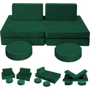 MeMoreCool 8-Piece Kids Play Couch  Modular Convertible Foam Sofa, Green Creative Playroom Furniture for Toddlers | Fold-Out Design | Machine-Washable Cover