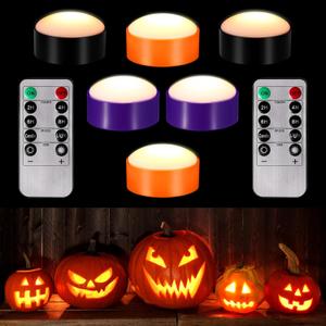 Riakrum 6 Pieces Thanksgiving Day Pumpkin Lights with Remote and Timer LED Pumpkin Lights Battery Operated Pat Jack O Lantern Bright Flameless Candles(Orange Purple, Black)