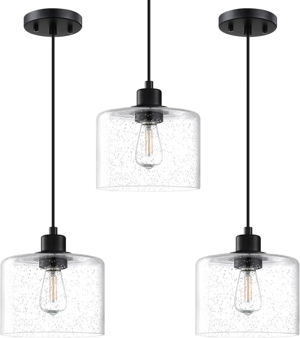 3 Pack 1 Light Modern Kitchen Island Pendant Light 7.3 Inch Clear Seeded Glass Black Finish Pendant Lamp,Farmhouse Hanging Light Fixture for Kitchen Island Dining Room Bedside