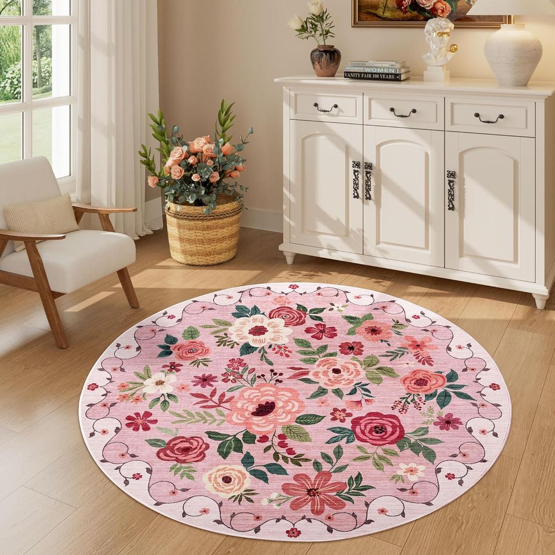 DUKINO Floral Round Rug, 4ft Washable Round Area Rug, Non Slip Indoor Low Pile Circle Rug, Soft Small Boho Design Circle Rug for Bedroom, Entryway, Living Room, Dining Room, Pink