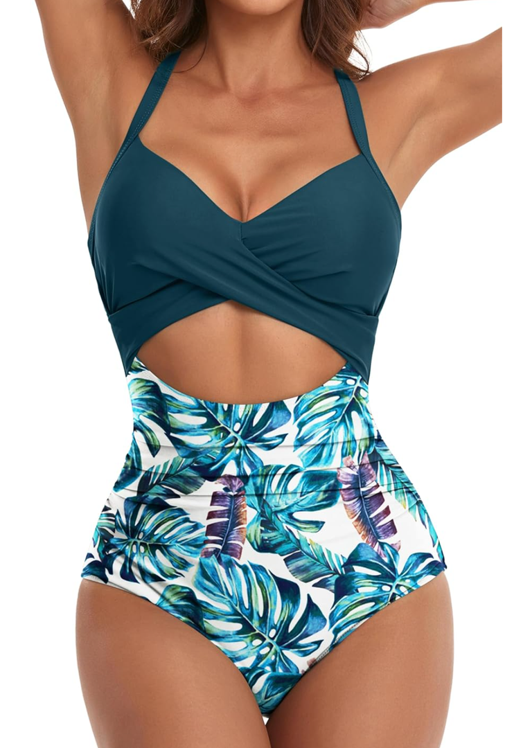 Eomenie Women's One Piece Swimsuits Tummy Control Cutout High Waisted Bathing Suit Wrap Tie Back 1 Piece Swimsuit L