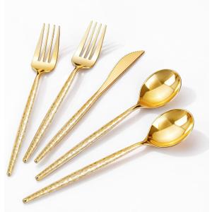 Rubtlamp 90Pcs Gold Plastic Silverware, Gold Disposable Utensils, Hammered Plastic Silverware, Gold Plastic Forks And Spoons Set Include 30 Forks, 30 Knives,30 Spoons For Daily Use