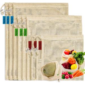 Reusable-Cotton-Mesh-Produce-shopping-Bags-Washable Eco Friendly Premium See Through Lightweight Net zero Bulk Bags for Veggie Fruit Vegetable Grocery Storage (9 Packs)