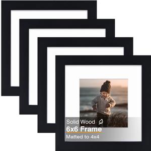 KINLINK 6x6 Picture Frame, Black Square Solid Wood Frames for Pictures 4x4 with Mat or 6x6 without Mat, Wall and Tabletop Display Photo Frames Black 4 Pack