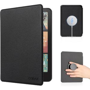 CoBak Case with Fold-Back Magnetic Cover for 7" Kindle Paperwhite 12th Gen 2024 and Kindle Colorsoft - for PopSockets Grip, Compatible with iPhone MagSafe and Anker Wireless Charging Pads, Auto Wake (Lychee Black)