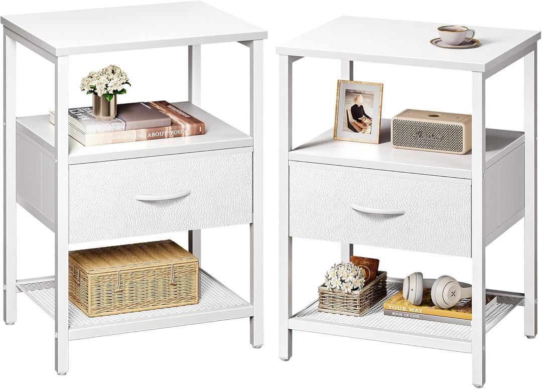 Huuger Nightstand Set of 2, Night Stand with Fabric Drawer, Mesh Shelf, Side Table with Storage, Fabric Drawer Dresser, Open Shelf, Metal Frame, Bedroom, White (White)