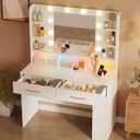 COMHOMA LUCKRACER Vanity Desk with LED Lights Mirror & Charging Station, White Makeup Vanity with Storage Drawers and Shelves, Modern Dressing Table for Women Girls Bedroom, White