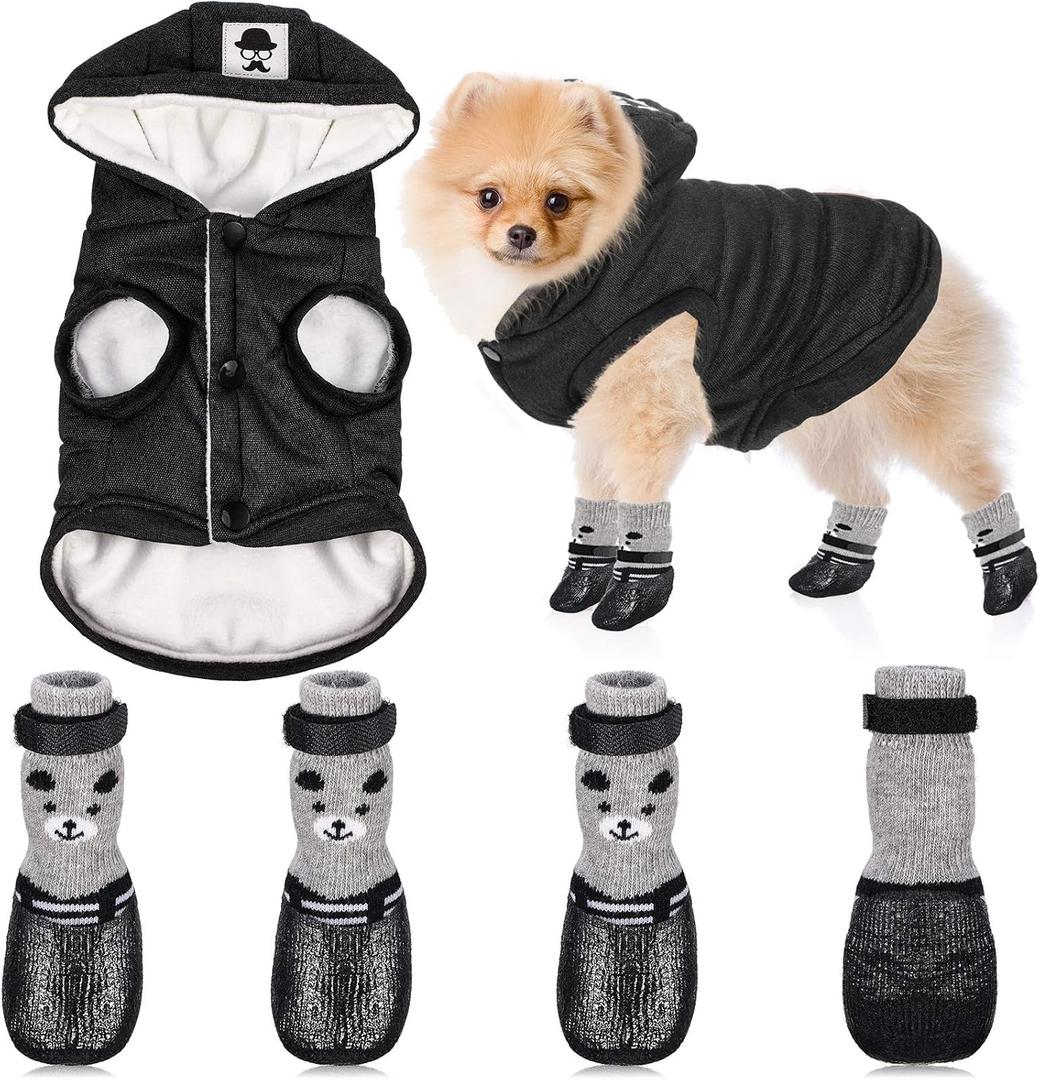 Winter Dog Coat Warm and Cat Boots Shoes Socks Waterproof Puppy Jacket Small Dog Booties Paw Protectors Stylish Hooded Coat for Puppy(Black,S)