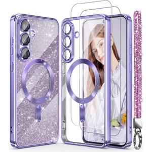 Magnetic for Samsung Galaxy S25 FE 5G Case + 2X Screen Protectors,Luxury Plated Gold Edge [Glitter Card&Wrist Strap] Slim Soft Crystal Clear TPU Shockproof Case Cover for S25 FE-Light Purple