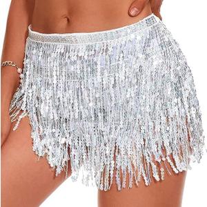 Belly Dance Sequin Tassel Skirt Hip Scarf Belt Mini Skirt Festival Rave Clothing for Women (Silver)