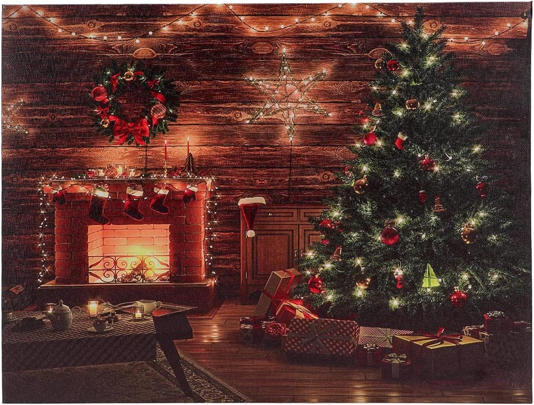 SOFFEE DESIGN 16'' x 12'' LED Christmas Canvas Prints Wall Art, Light Up Snowy Scene Picture for Holiday Decor, Battery Operated Painting Fireplace & Christmas Tree