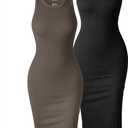 OQQ Women's 2 Piece Dress Sexy Ribbed Halter Neck Fashion Split Tank Tops Dressesm, Medium, Black,Tea Leaf
