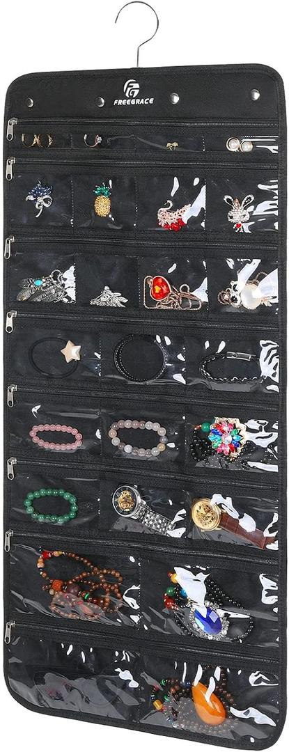 Hanging Jewelry Organizer with 50 Transparent Pockets, 360 Rotating Hanger & Secure Zipper Closure - Foldable Double Sided Jewelry Storage Bag for Earrings, Rings, Necklaces, Bracelets (Black)
