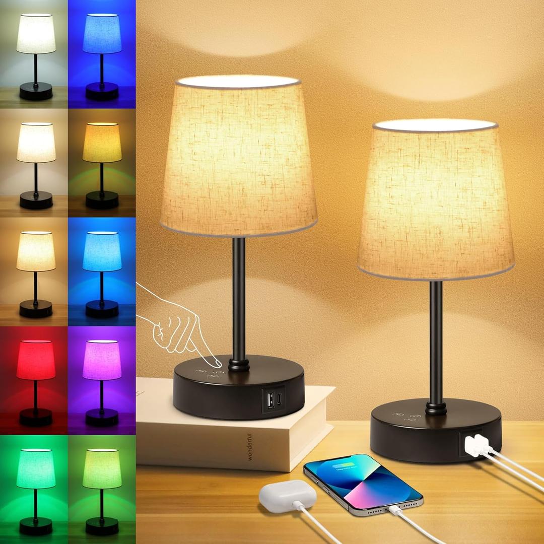 Ascher Small Bedside Table lamp Set of 2, RGB Color Changing Lamps, 3 Color Temperatures, Dimmable Nightstand Lamp with USB C+A Ports, Touch Desk Lamp for Bedroom Living Room, H11.4in(Flaxen Shade)