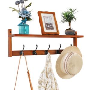 Exper City Coat Rack Wall Mount with Shelf, 26IN Wooden Coat Hanger Hooks Wall Mount with 5 Metal Hooks, Hanging Shelf with Hooks, Retro Walnut