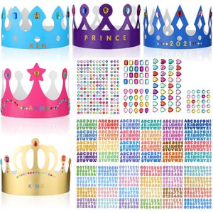 Chinco 38 Pieces Paper Crowns Princess Prince Hats Birthday Party Crowns Craft Jewels Gem Number Letter Sticker for DIY Classroom Decor