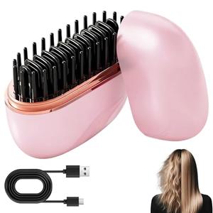 Mini Hair Straightener, Rechargeable Wireless Portable Hair Straightener Brush, 3-Speed Temperature Control, Anti Scald Shell, Lightweight & Portable for Travel (Pink)