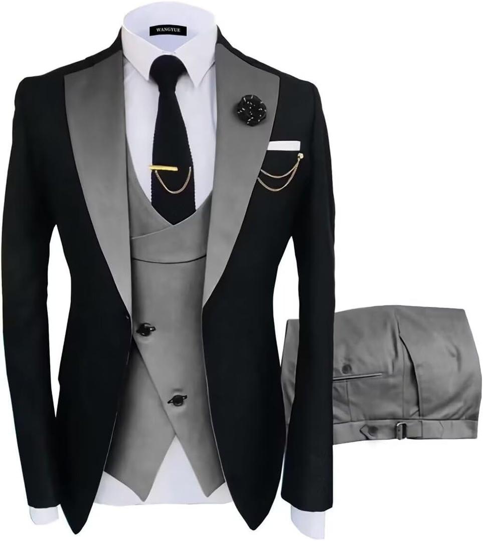 Wangyue Mens Suit 3 Piece Slim Fit Suits for Men Wedding Prom Tuxedo for Men Formal Business Suit (Large, Black-grey)