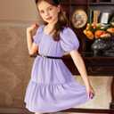 Arshiner Girls Dresses Short Sleeve Ruffle Chiffon Summer Flowy Dress with Square Neck (Purple)