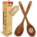 2 Pack Large Wooden Spoon Set for Cooking, Natural Teak Wood Slotted Spoon, Heat-Resistant Wooden Cooking Spoon Set for Serving and Mixing