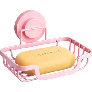 LEVERLOC Soap Dish, Soap Bar Holder for Shower Suction Cup Wall Mounted, Stainless Steel No-Drilling Removable Waterproof Sponge Holder for Bathroom Bathtub Kitchen Sink, Keep Dry, Pink (5.7" * 4.8")