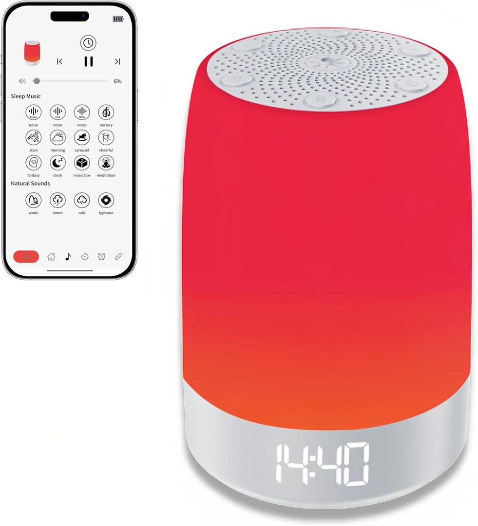 Red Light Sleep Sound Machine  Night Light for Bedroom with 5-Level Red Light Therapy (620690nm), 32 White Noise & Nature Sounds, Smart App Control, Timer & Wake-Up Alarm Clock