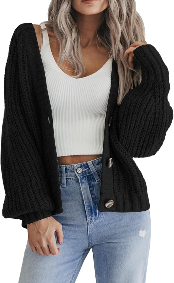 Zeagoo Women's 2026 Fall Chunky Knit Cardigans Open Front Long Sleeve V Neck Button Loose Cardigan Sweaters (Large, Black)