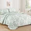 WONGS BEDDING Quilts Queen Size, Sage Green Quilt Bedding Set with 2 Pillowcases, Botanical Quilt for Queen Bed, Soft Microfiber Lightweight Coverlet Bedspread for All Season (96"90", 3 Pieces)