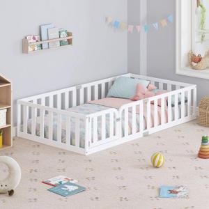 Spirich Twin Size Solid Wood Kids Floor Bed Frame with Fence and Door