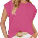 ZESICA Womens Summer Cap Sleeve Crewneck Tops Casual Loose Striped T-Shirts Basic Tees (Pink, M)