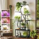 PRAISUN 65 Inch Plant Stand with Grow Light, 9 Tiered Indoor Plant Shelf with Larger Flower Holder, Music Note-shaped Stand with Top Ring Hook , Corner Plant Rack for Living Room, Black