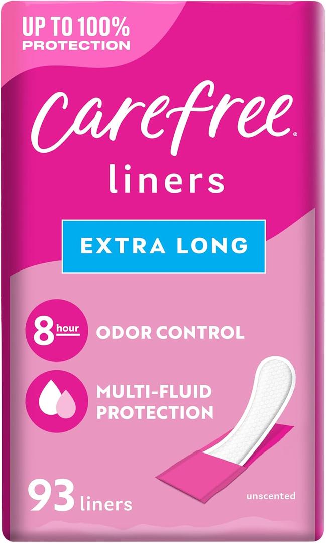 Carefree Panty Liners for Women, Extra Long, Wrapped, Unscented, 93ct | Pantiliners, Carefree, Daily Liners for Women, Light Periods and Leaks, 8-Hour Odor Control | 93ct 