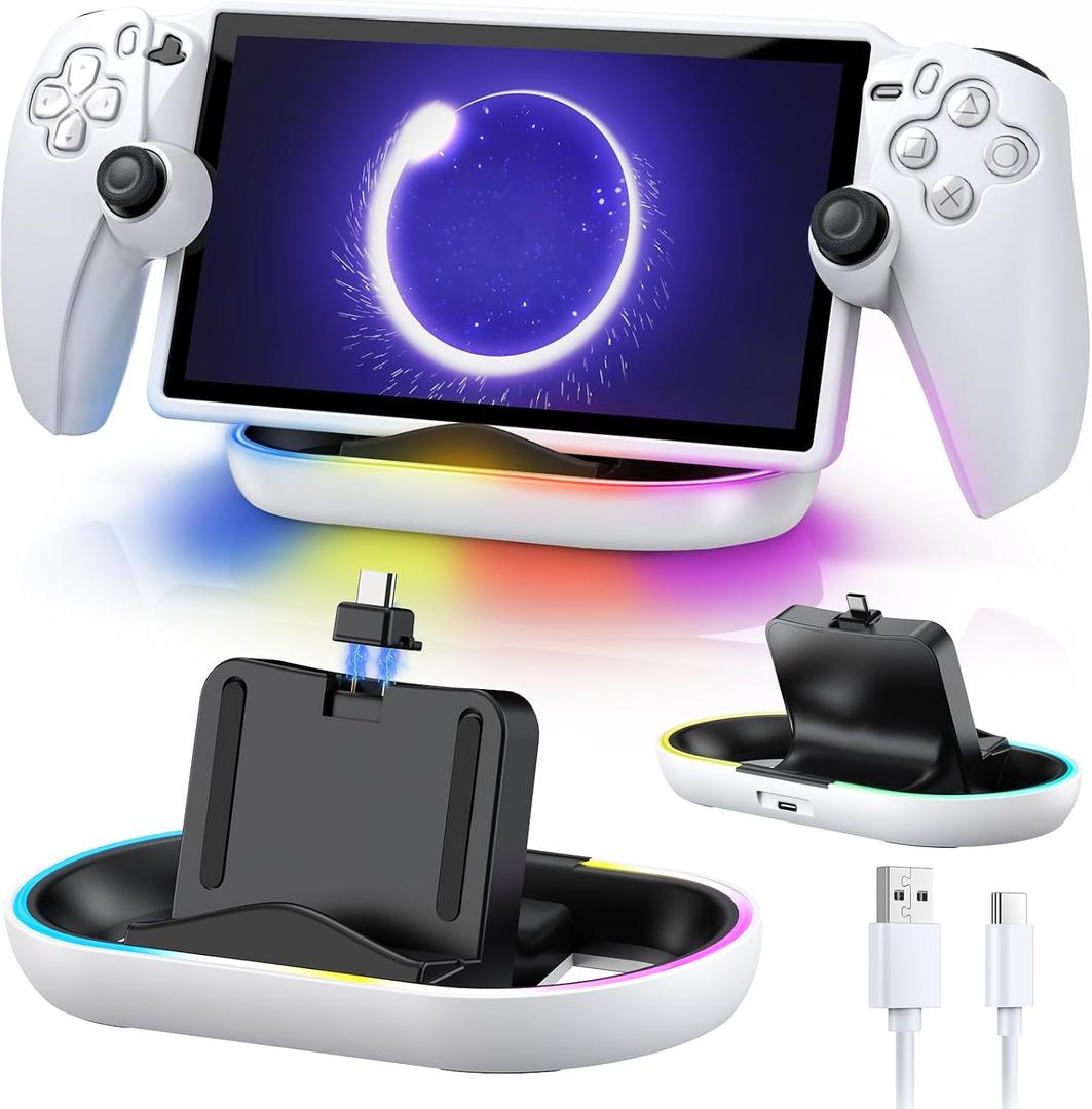 Charger Station for PlayStation Portal- Case Friendly, Charging Dock with RBG Light Charger Stand & USB Type C Cable, Magnetic Type C Port for PS5 Ps Portal Charging with Case on (White&Black)