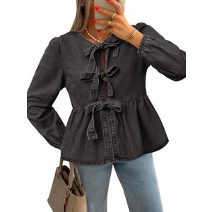Tankaneo Womens Puff Long Sleeve Denim Tie Front Babydoll Peplum Blouse (Black, S)