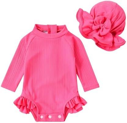 YOUNGER TREE Infant Baby Girls Swimsuit Long Sleeve Swimsuits One Piece Swimsuit Solid Color Bathing Suit with Hat, UPF 50+ 3-6M