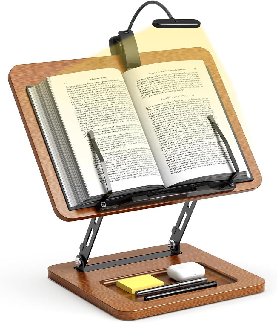Book Stand for Reading with Light, Book Holders for Reading Hands Free, Adjustable Height & Angle, Fits Cookbook Recipe, Textbook, Kindle,Foldable for Kitchen, Office, School,Gift for Book Lovers