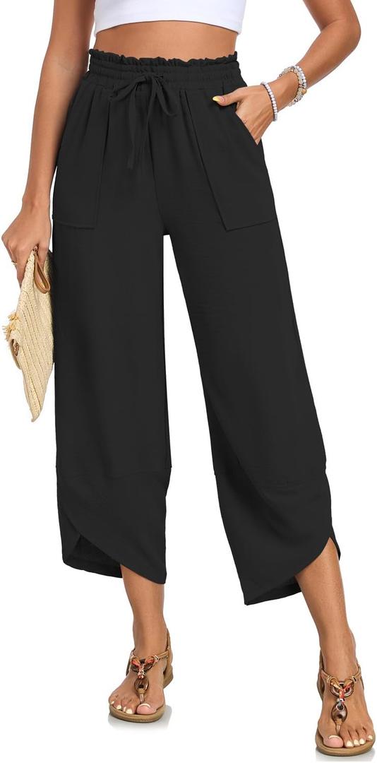 Capri Pants for Women Wide Leg Summer Beach Capris High Waist Casual Palazzo Pants Cropped Loose Pants with Pockets, Size L (Black)