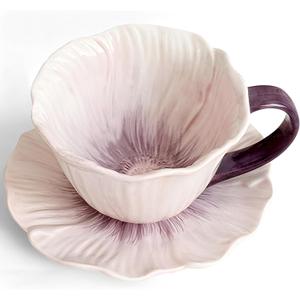 JUSONEY 10 oz Tea Cups and Saucers, Ceramic Flower-shaped Cappuccino Cup, Latte Cup and Saucer set, elegant floral Espresso Cup set, cups are microwave and dishwasher safe-Purple
