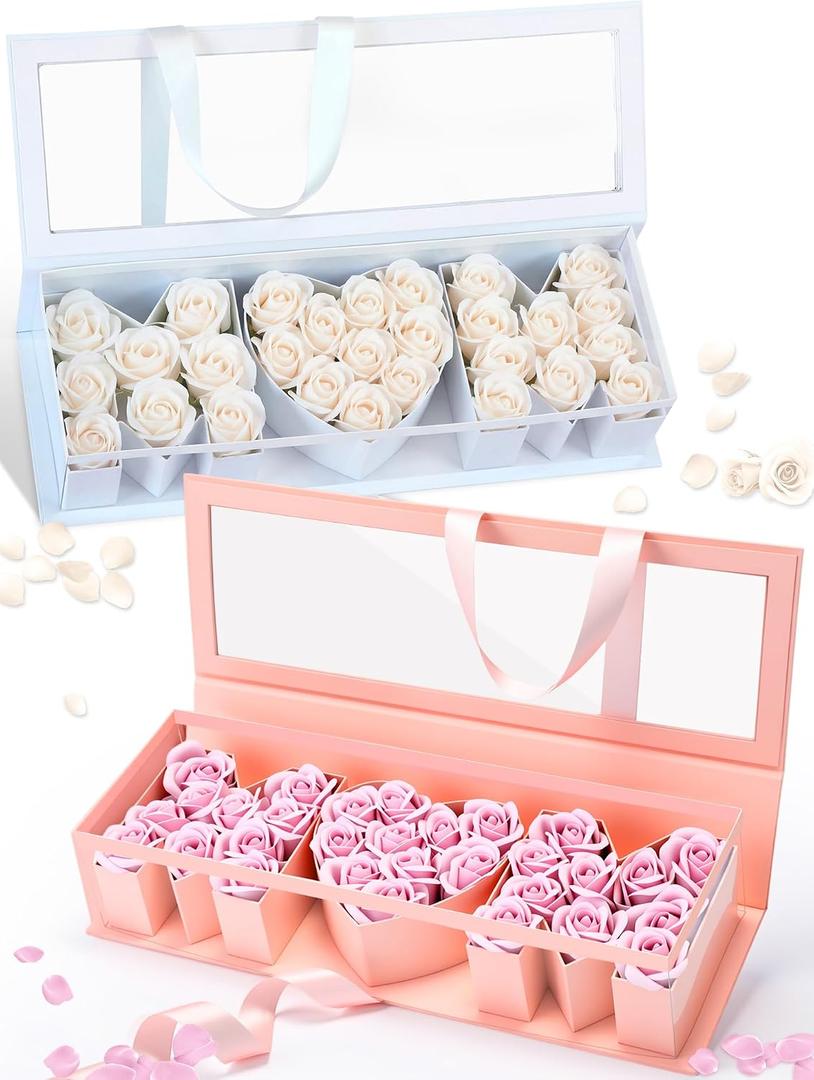 Thiccywoov 2 Pcs Mother Birthday Gift Flower Box with 60 Scented Flowers Mom Letter Shaped Fillable Boxes Floral Gift Packaging for Arrangement Mother's Day, Birthday (White, Pink)