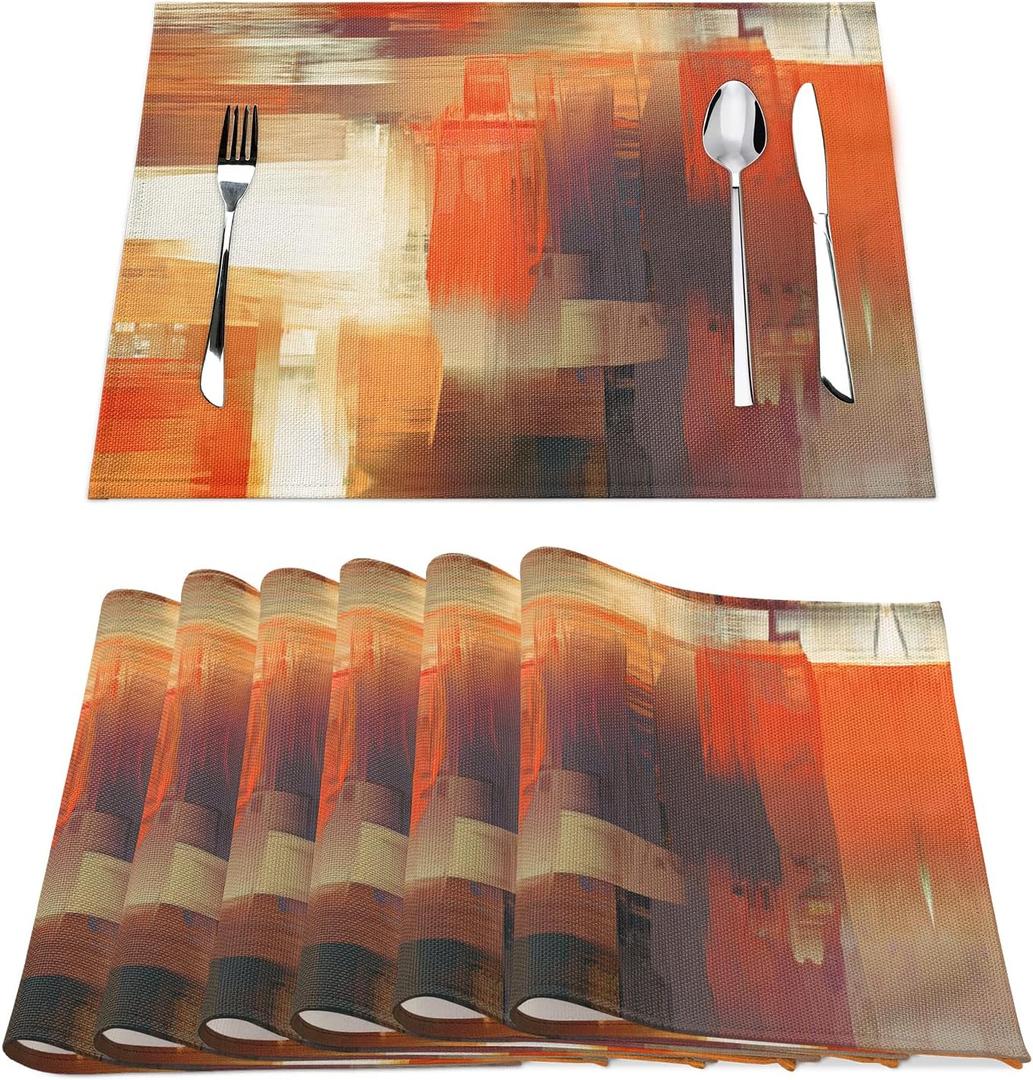 Orange Placemats for Dining Table Set of 6 Modern Art Abstract Painting Place Mats Washable Linen Placemat for Kitchen Home Dinner Party Decor 18x12 Inches