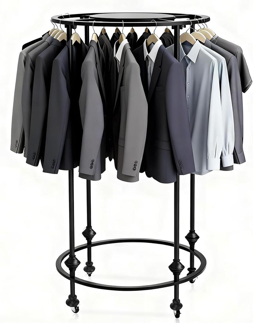 27.5x51in Round Garment Rack, Rolling with Topper, 360 Rotating, Black
